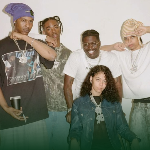 five people wearing aesthetic 90s clothes