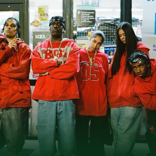 five people wearing red 90s clothes