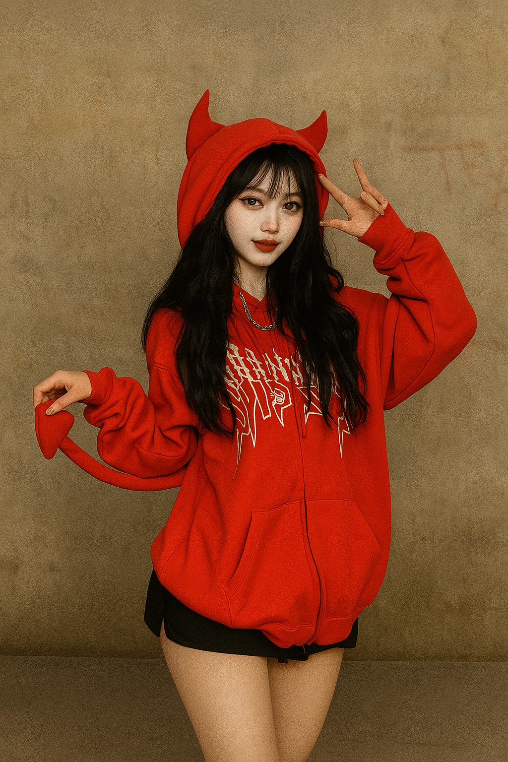 girl wearing a red aesthetic hoodie