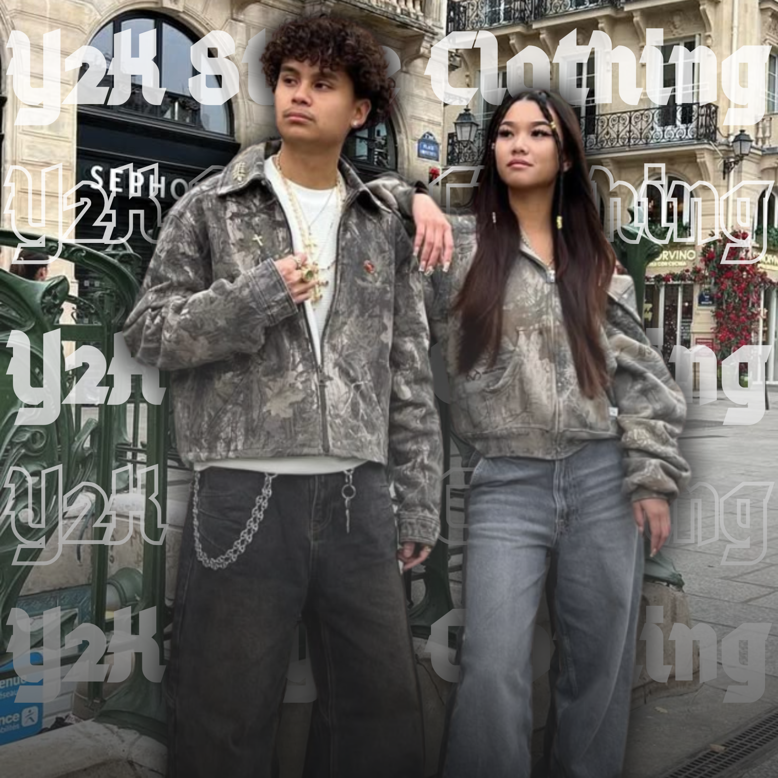 A couple wearing trendy y2k clothes