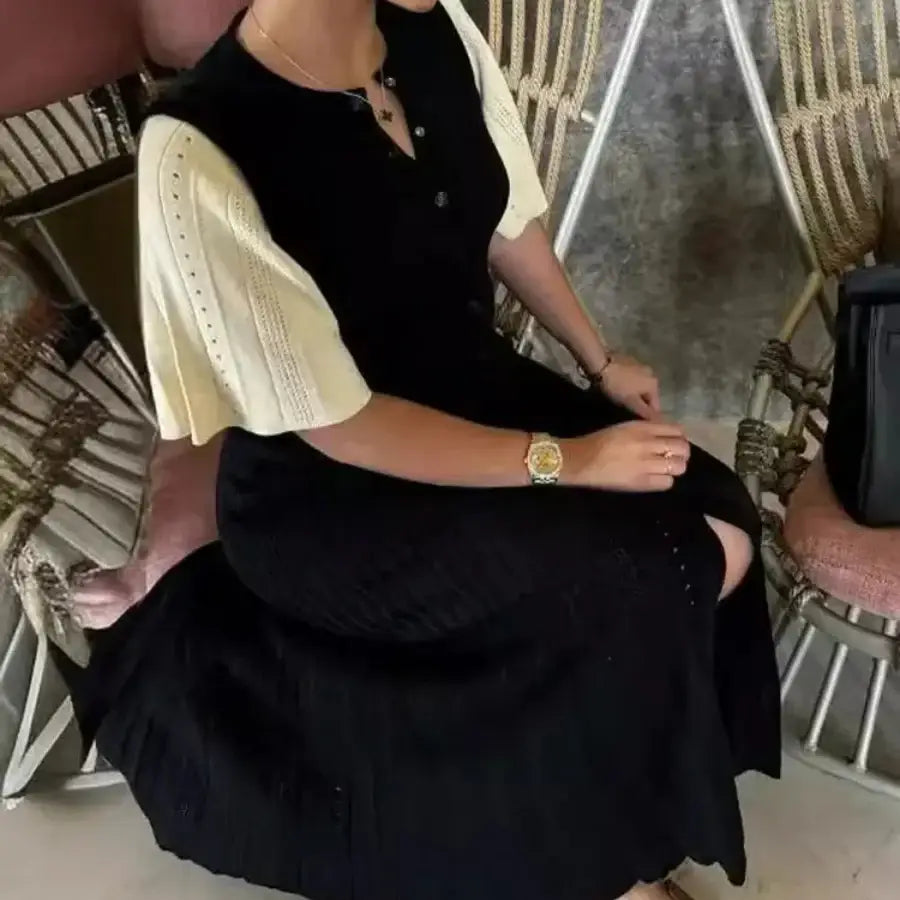A Line Knit Dress - Black (Beige Sleeve) / S