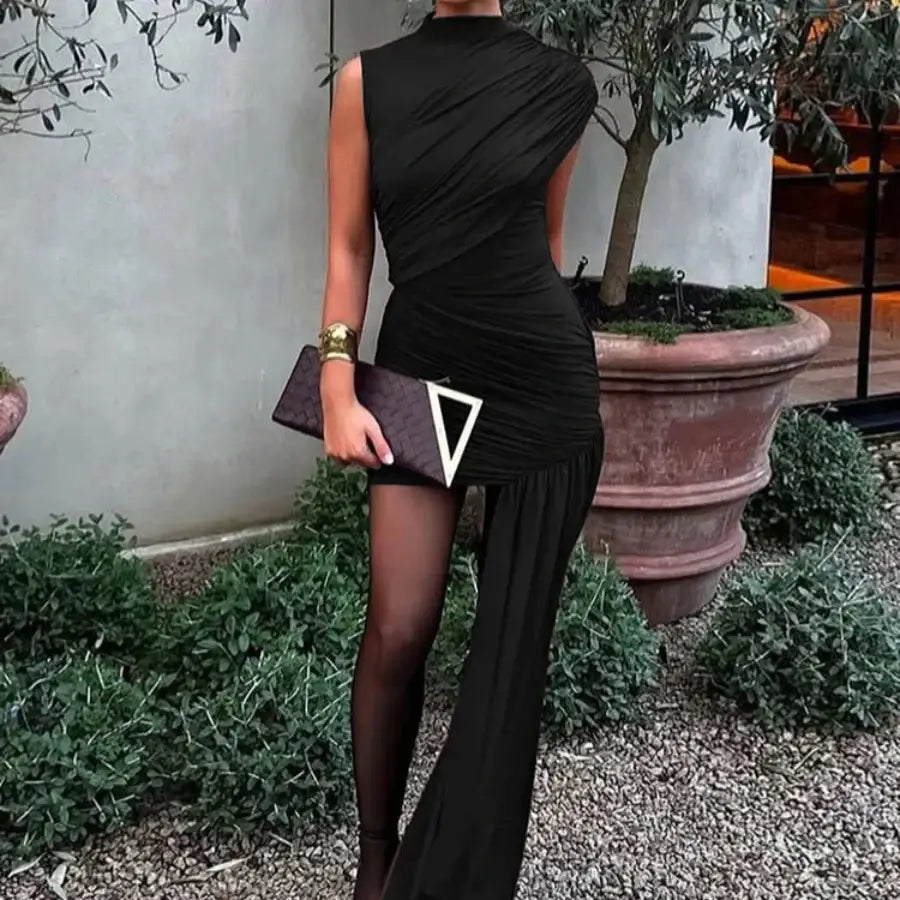 Asymmetric Draped Dress - Black / S