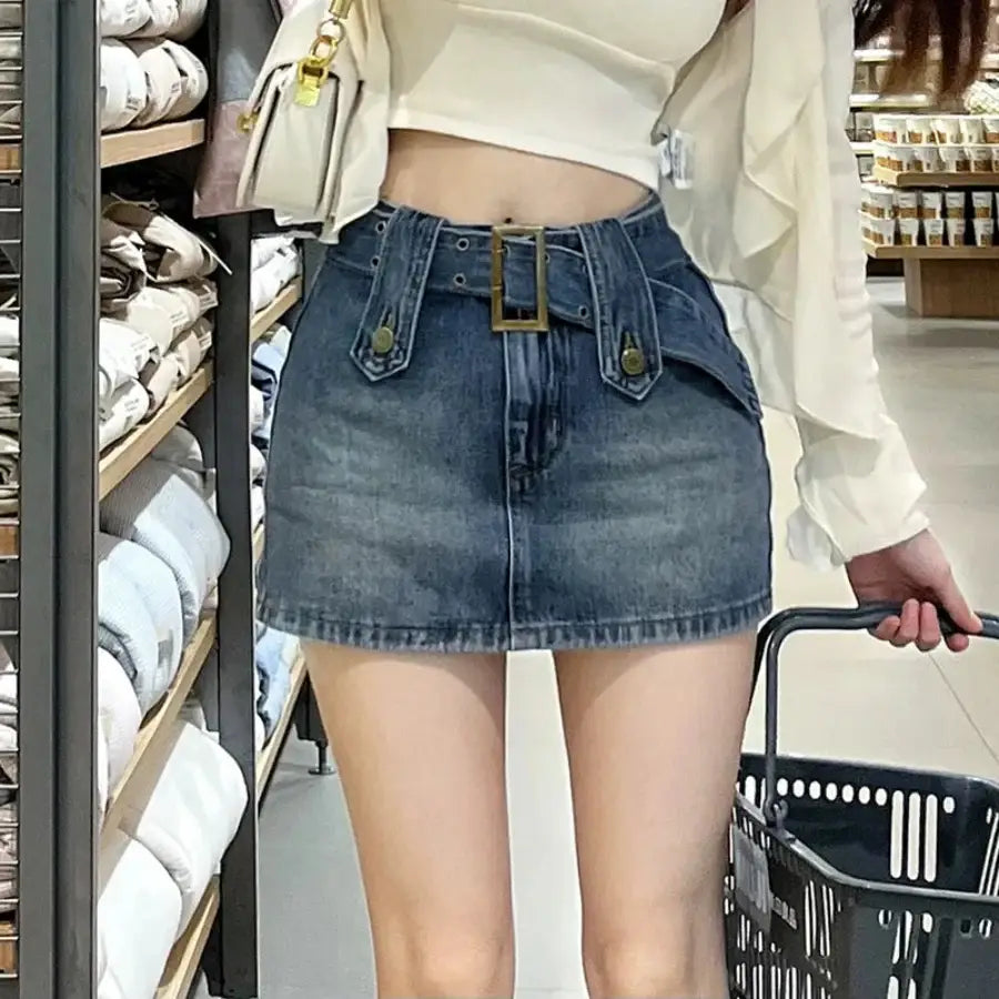 Belted Denim Skirt - Blue / XS