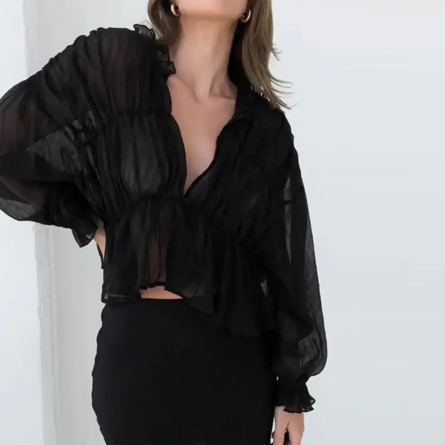 Black See Through Ruffle Sleeve Top