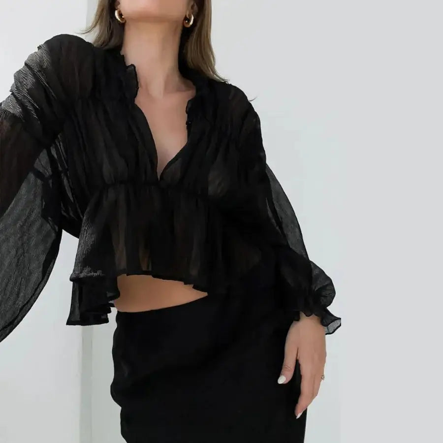 Black See Through Ruffle Sleeve Top - S