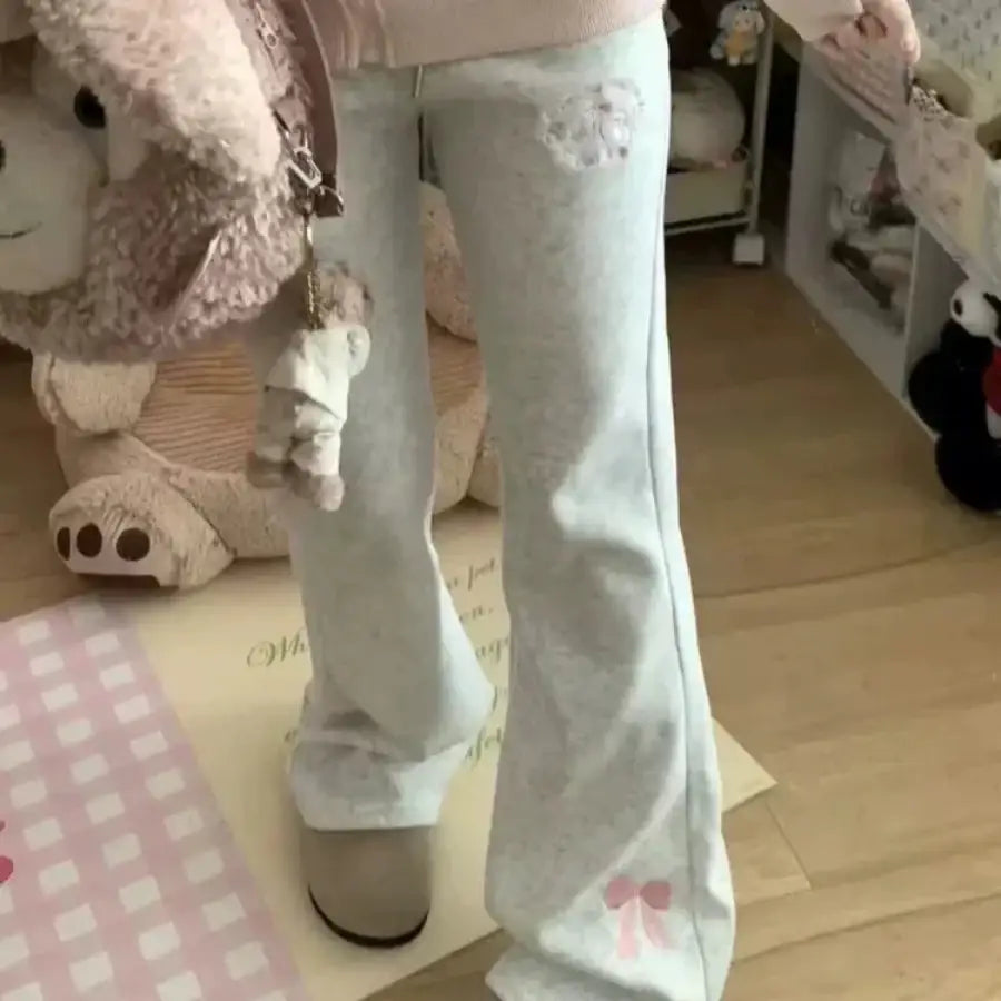 Bow Embroidery Sweatpants - Grey / S