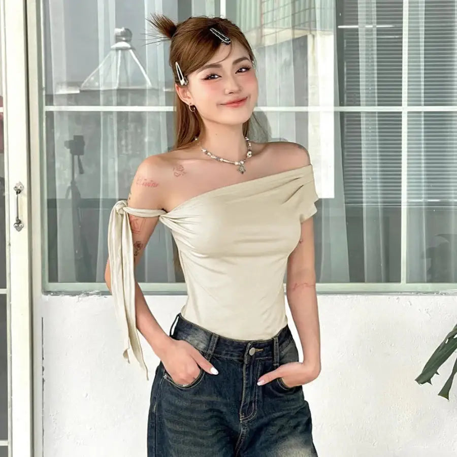 Bow One Shoulder Top - Beige / S