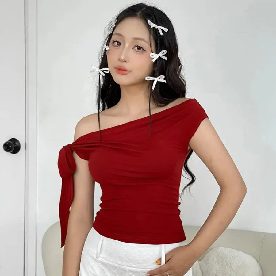Bow One Shoulder Top - Red / S