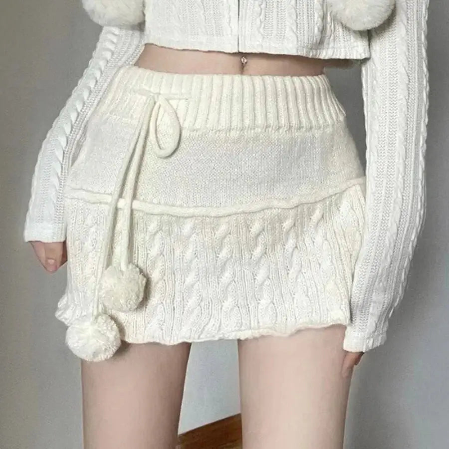 Cable Knit Mini Skirt - White / S