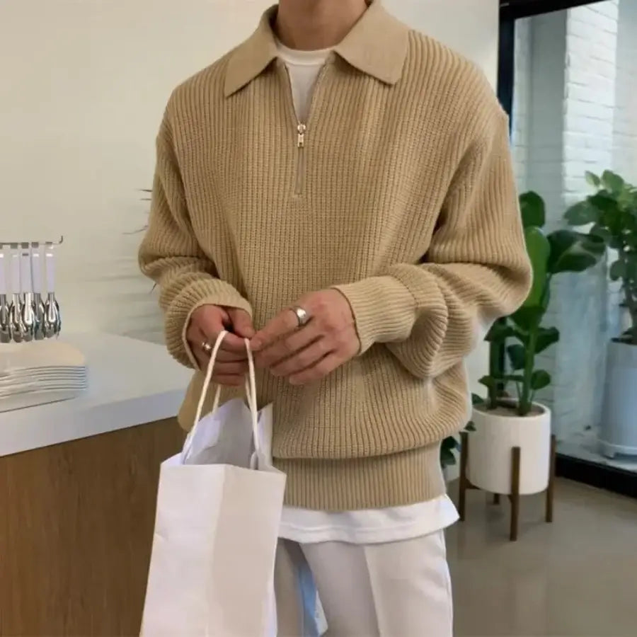 Collared Half Zip Sweater - Beige / M