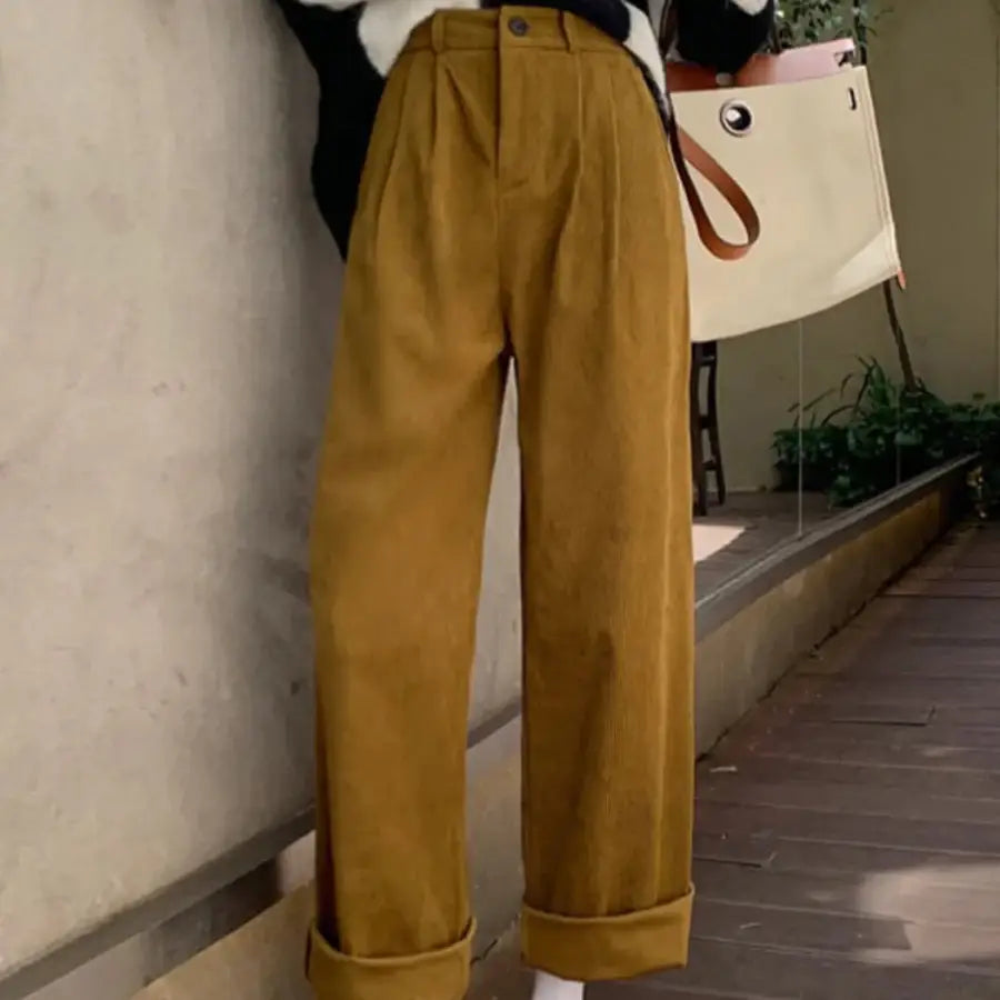 Corduroy Pants High Waisted - Yellow / S