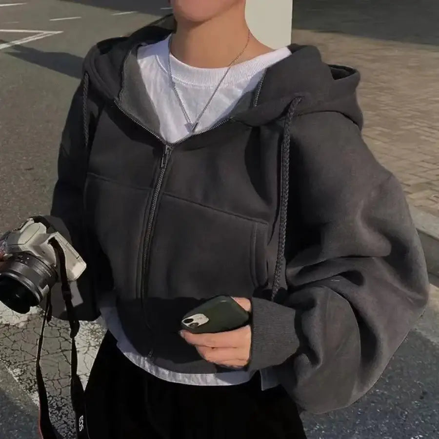 Cropped Hoodie Zip Up - Black / S