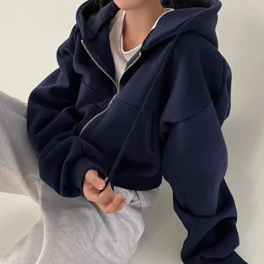 Cropped Hoodie Zip Up - Blue / S