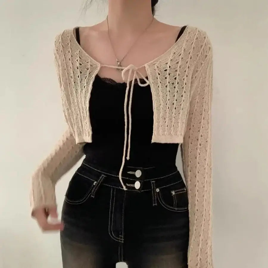 Cropped Tie Sweater - Beige / One Size