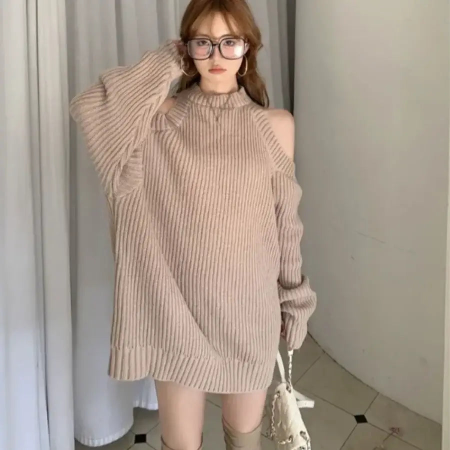 Cut Out Shoulder Sweater Beige / S