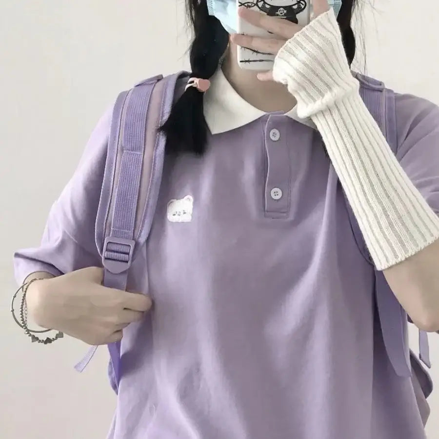 Cute Embroidery Bear Shirt - Purple / S