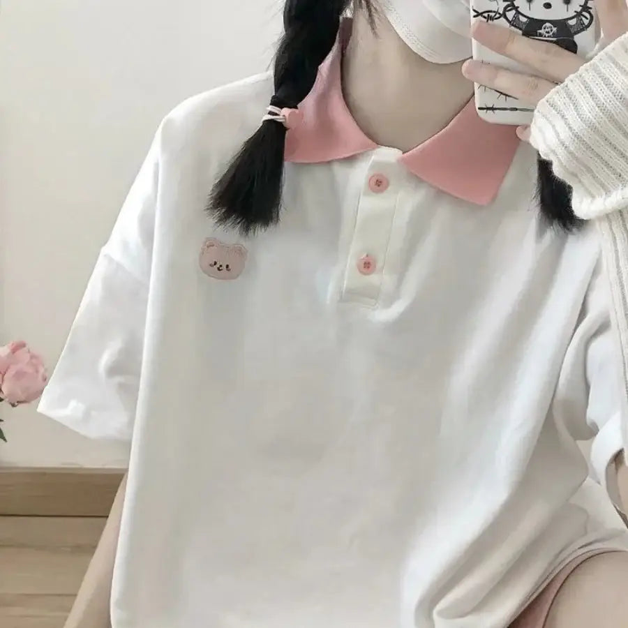 Cute Embroidery Bear Shirt - White / S