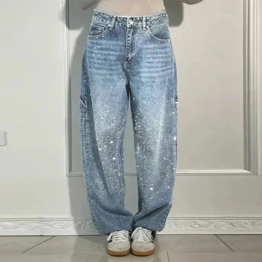 Denim Jeans With Rhinestones - Light Blue / XS