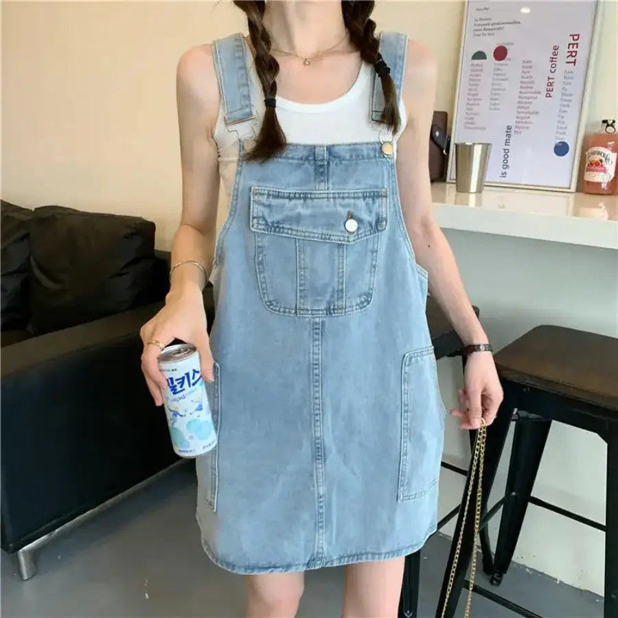 Denim Overalls Dress - Blue / S