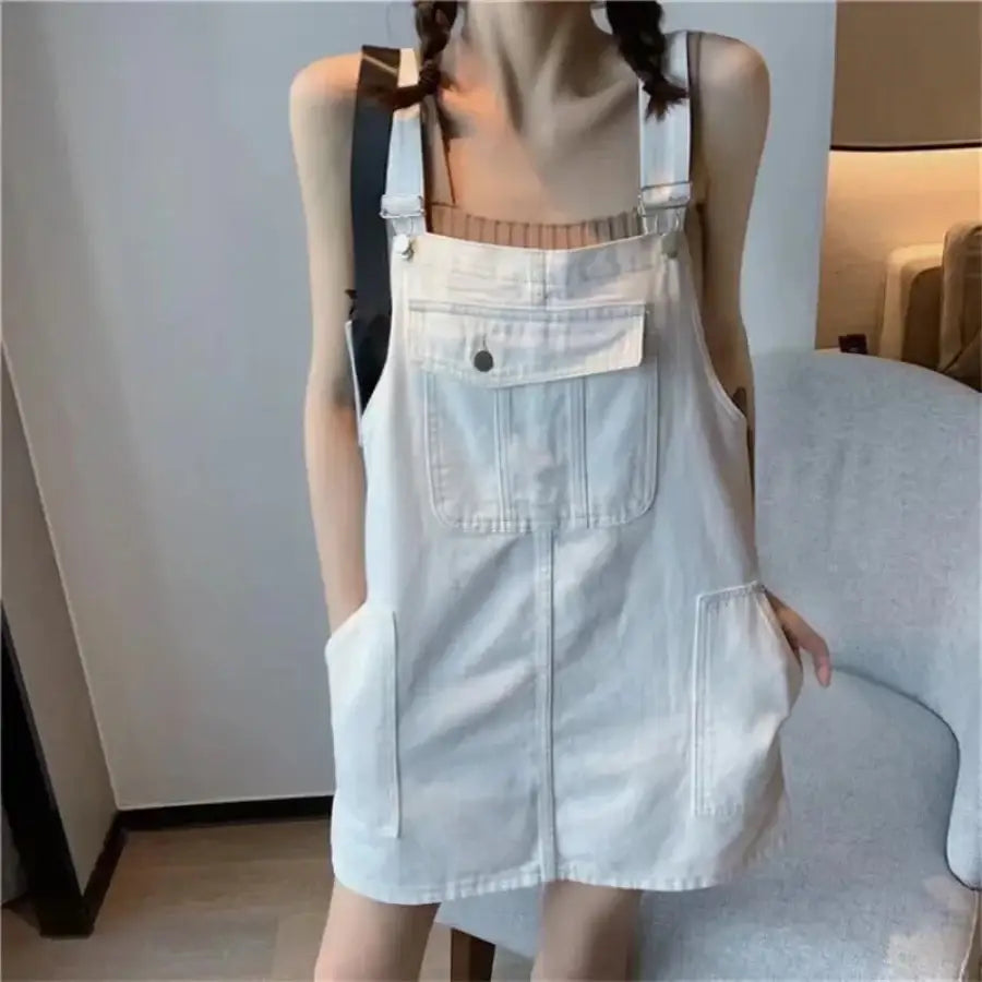 Denim Overalls Dress - White / S