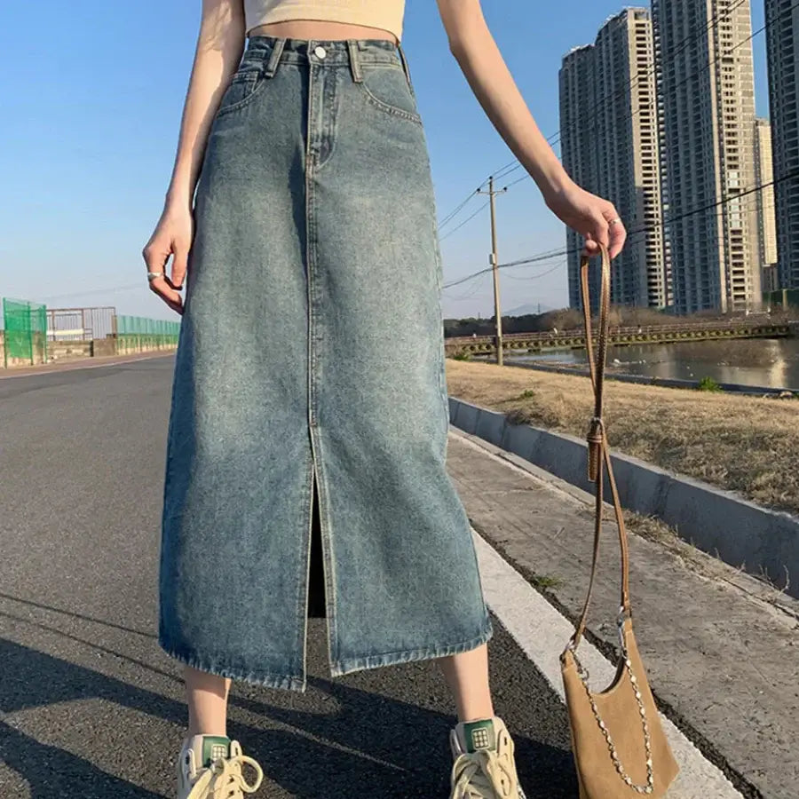 Denim Skirt Slit - Blue / S