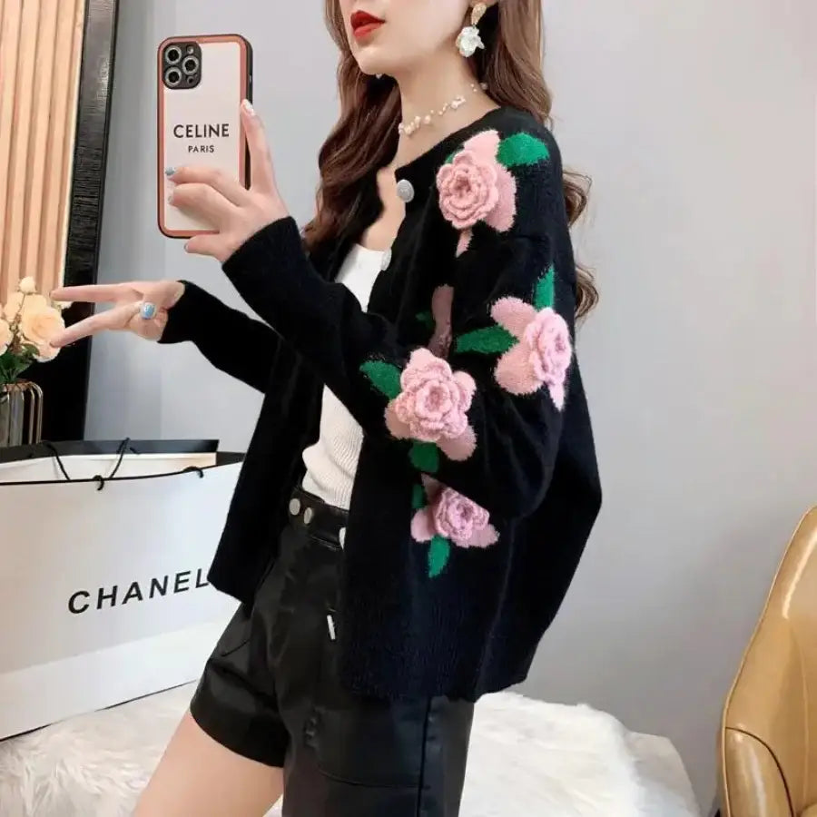 Embroidered Floral Cardigan - Black
