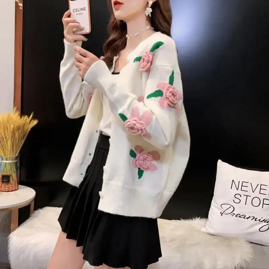 Embroidered Floral Cardigan - White