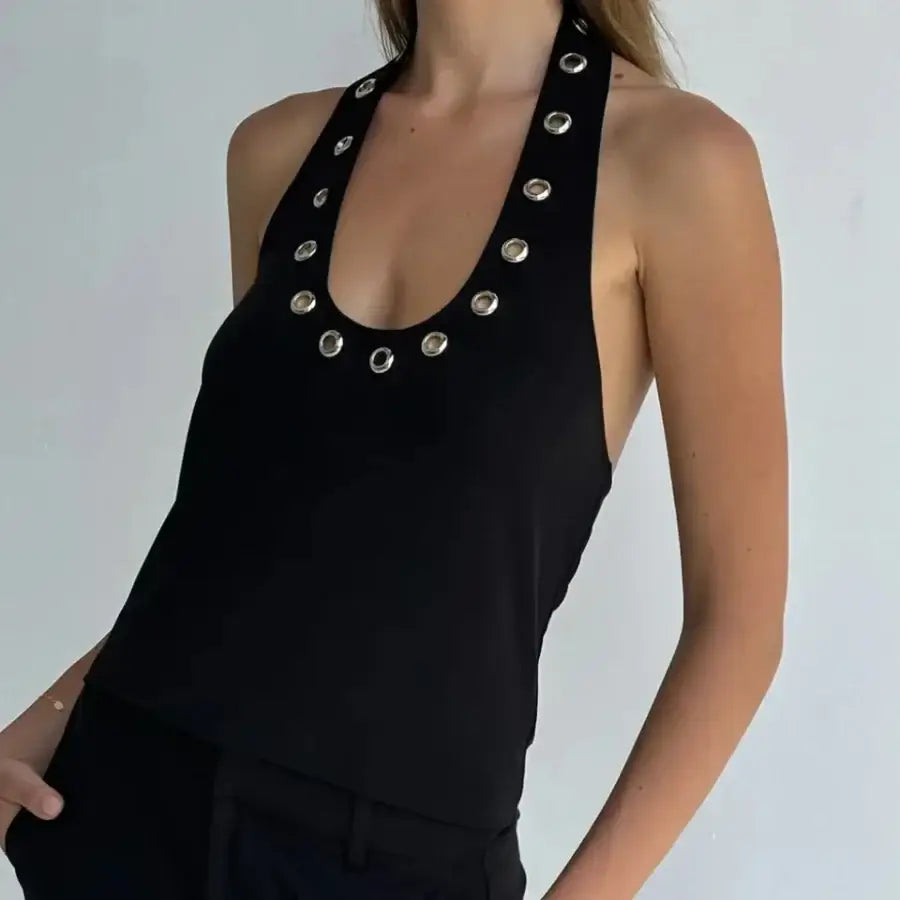 Eyelet Halter Top - Black / S
