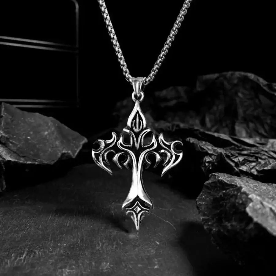 Flame Cross Necklace - Silver