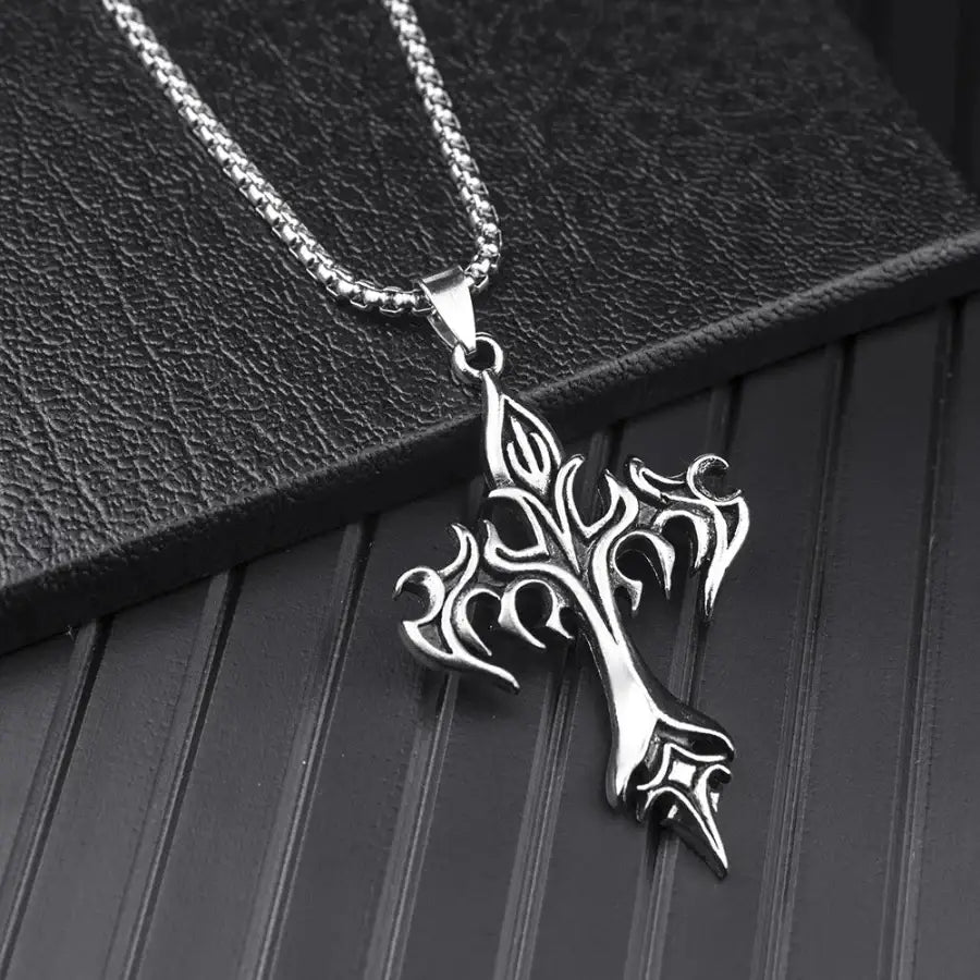 Flame Cross Necklace - Silver