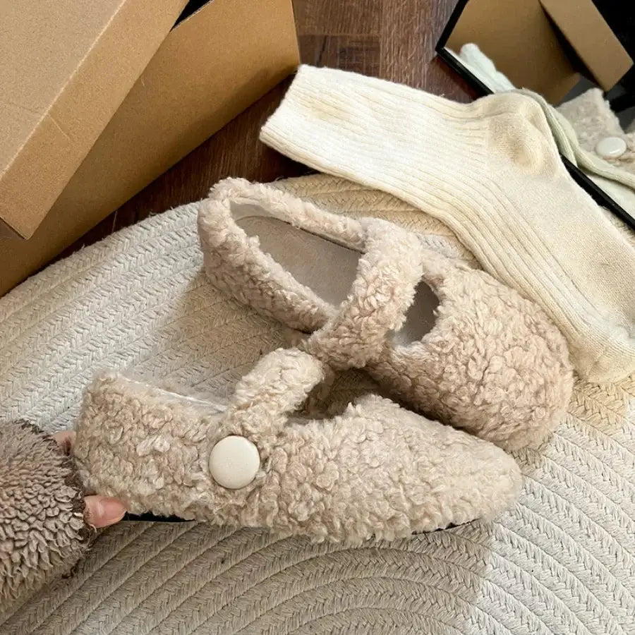 Flat Fur Shoes - Beige / 5