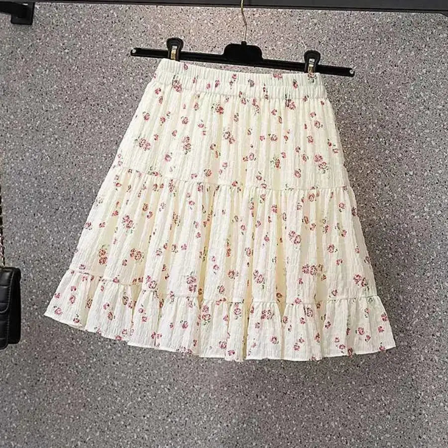 Floral Ruffle Skirt - White / S