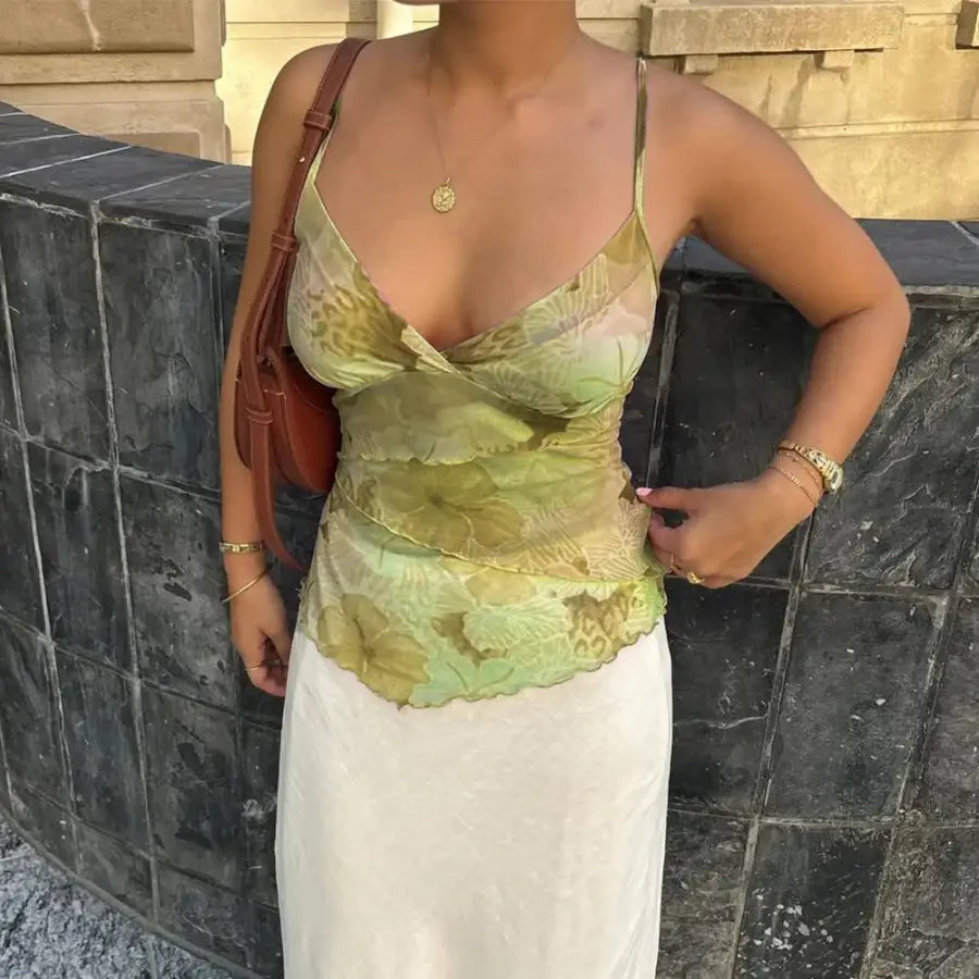 Flower Mesh Top - Green / S