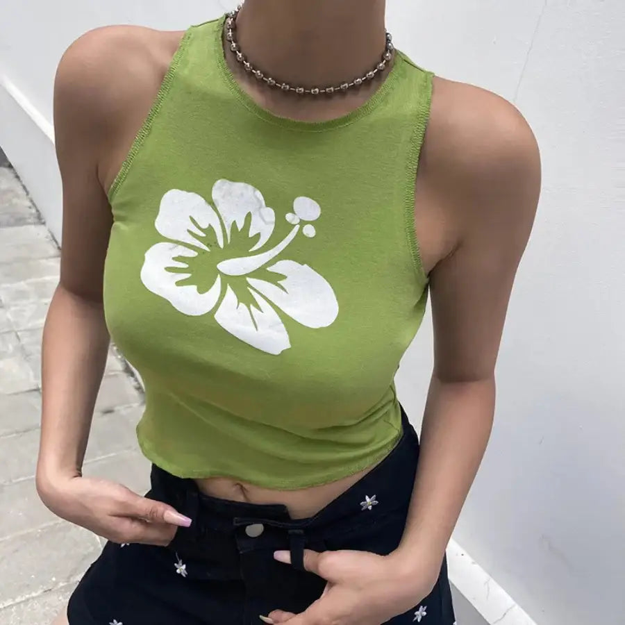 Flower Print Crop Top - Green / S