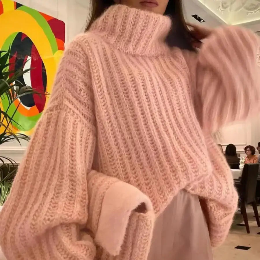 Fluffy Turtleneck Sweater - Pink / S