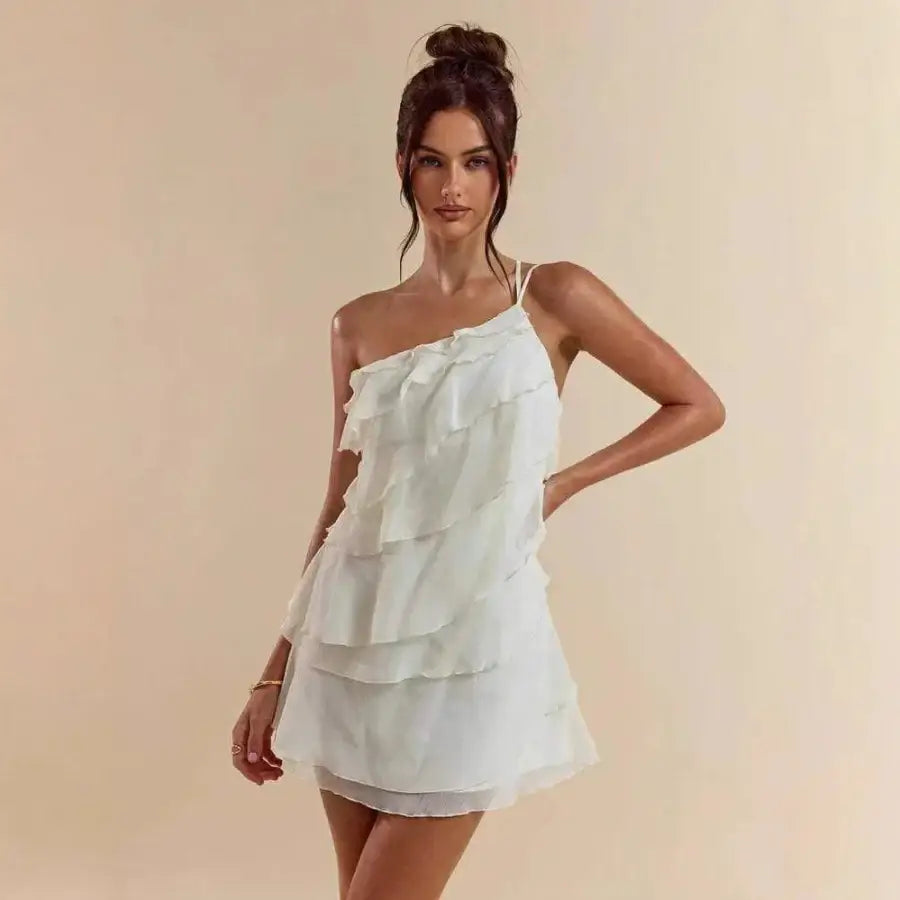 Frill Mini Dress - White / S