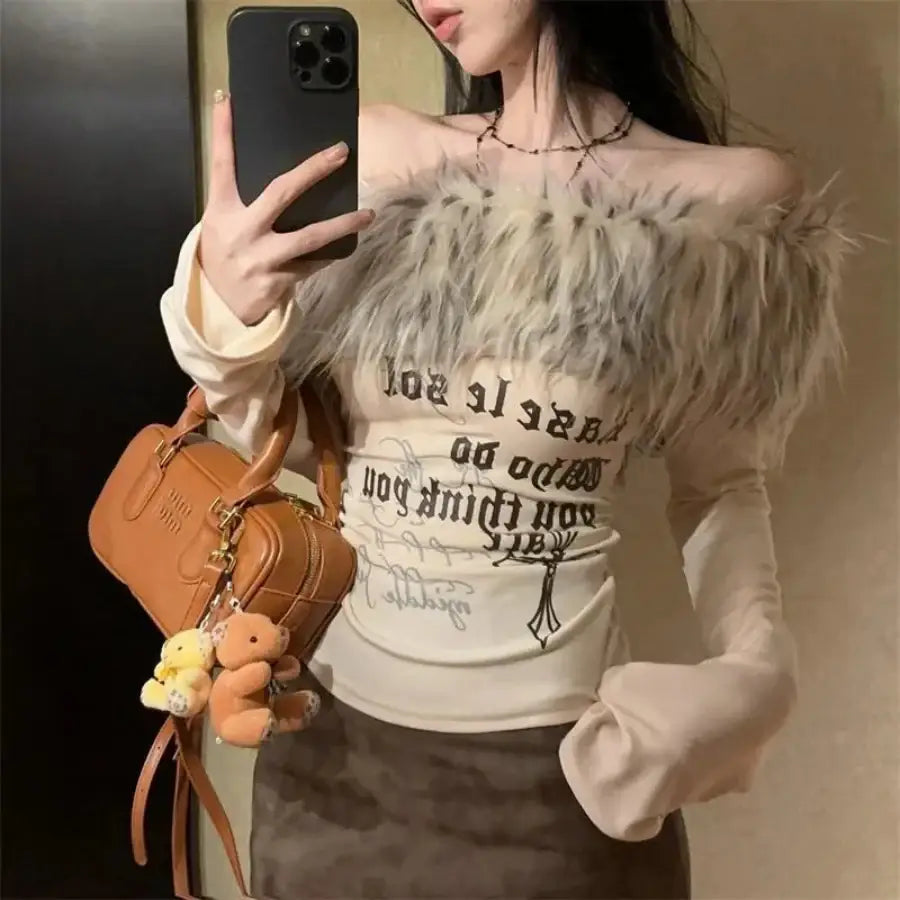 Fur Collar Top - Beige / S
