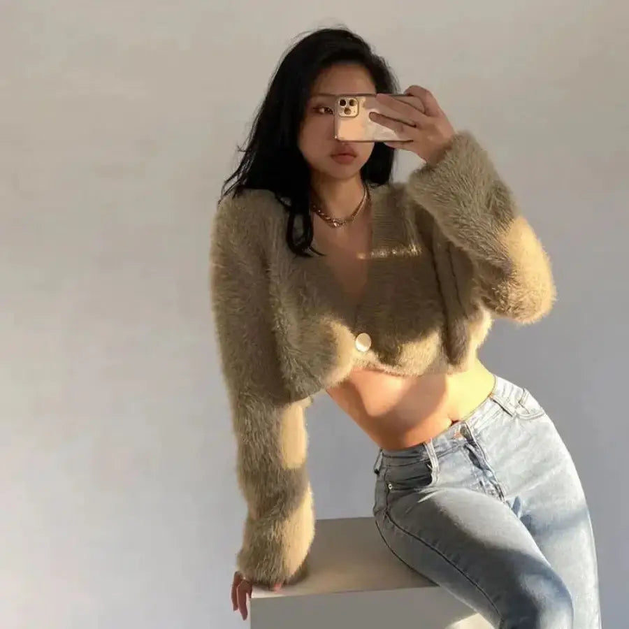 Fuzzy Cropped Cardigan - Beige / S