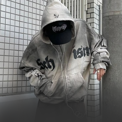 man wearing basic black and white grunge hoodie
