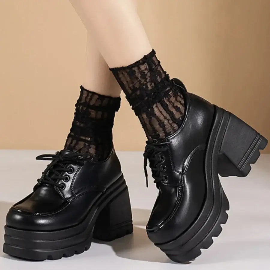 High Heeled Platform Loafers - Black / 5.5