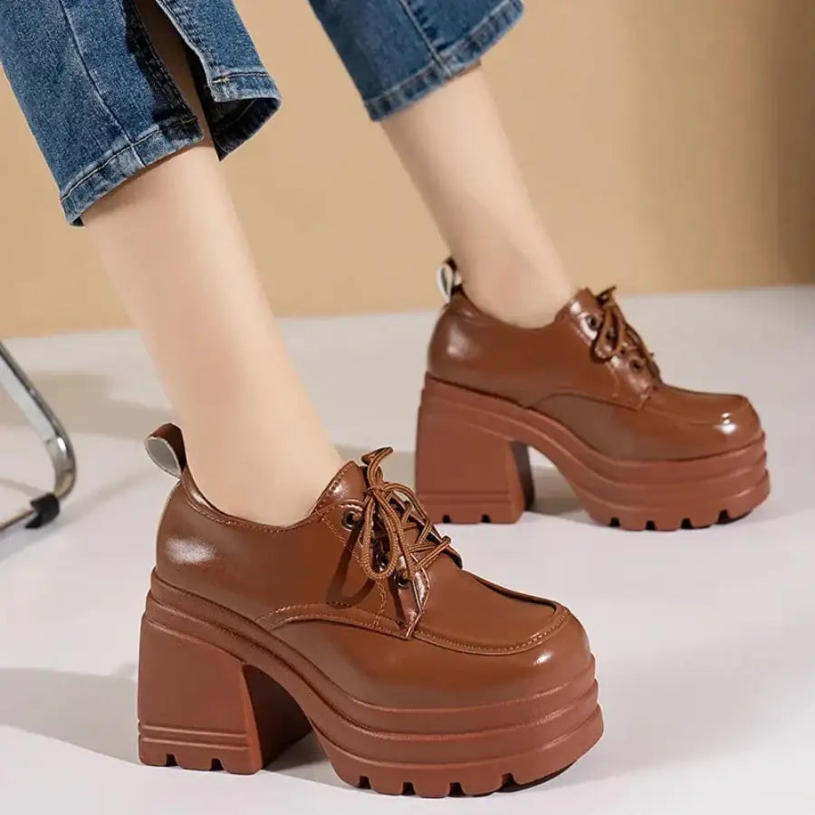 High Heeled Platform Loafers - Brown / 5.5