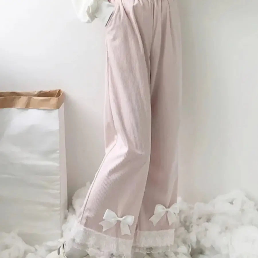 High Waist Bow Pants - Pink / S