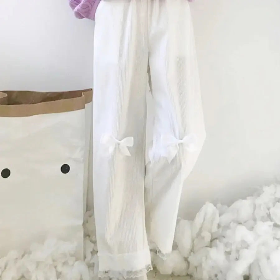 High Waist Bow Pants - White / S