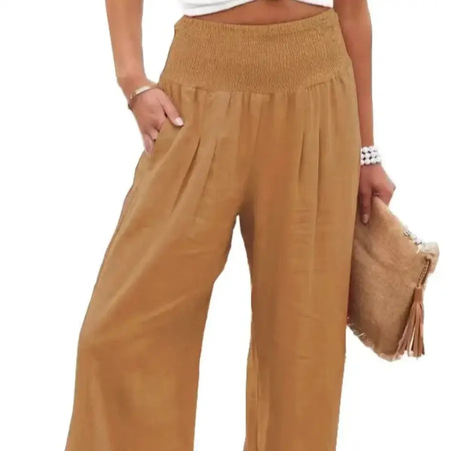 High Waist Linen Pants - Brown / S