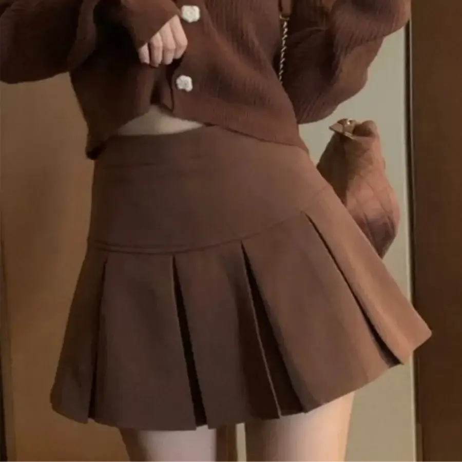 High Waisted Pleated Mini Skirt - Brown / S