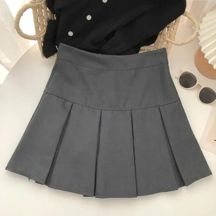 High Waisted Pleated Mini Skirt - Grey / S