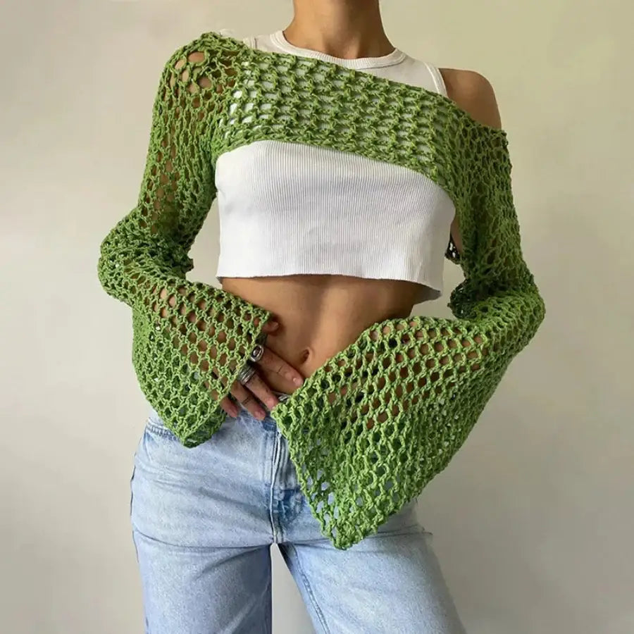 Hollow Out Crop Sweater - Green / S