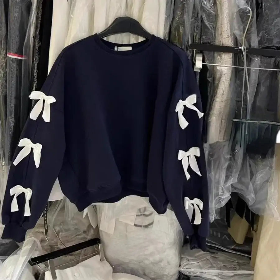 Hoodie With Bows On Sleeves - Blue / S