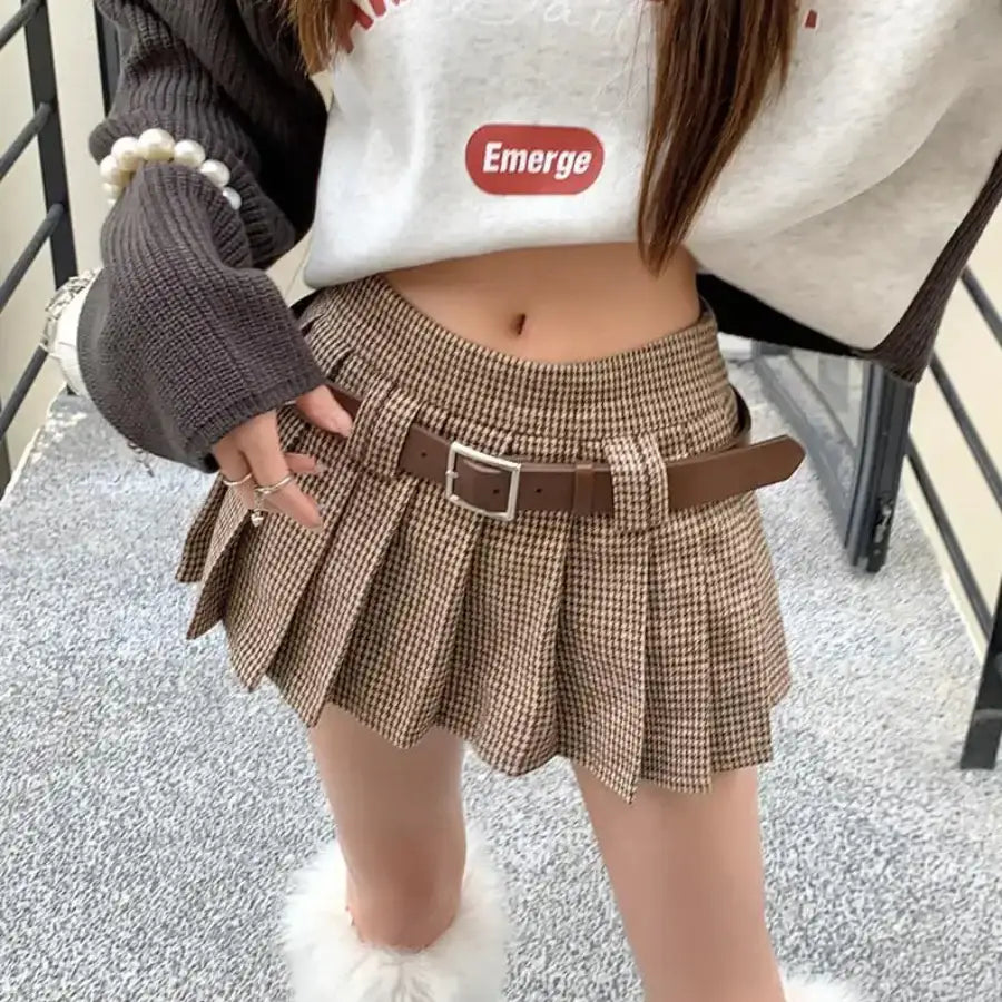 Houndstooth Pleated Mini Skirt