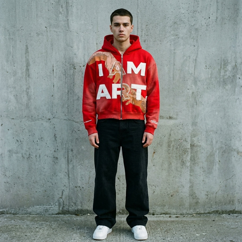 Man wearing the red I Am Art zip hoodie with white lettering and painted hands motif